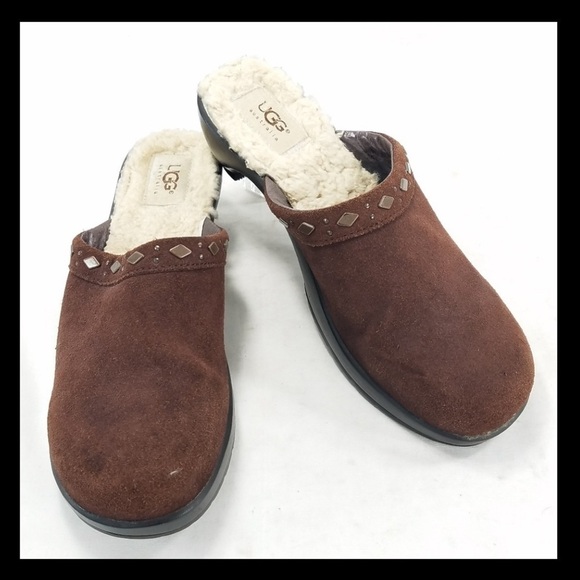 UGG Fiona Suede Mule Slip On Clog Shoes Brown Sz 8 Shearling 5546 Copper Studded - Picture 15 of 16
